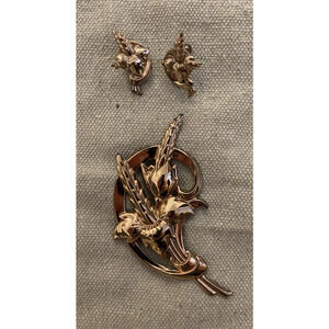 Vtg Designer Jewelry Bouquet Rose Gold FLOWER Brooch Pin ClipOn Earrings 3pc Set